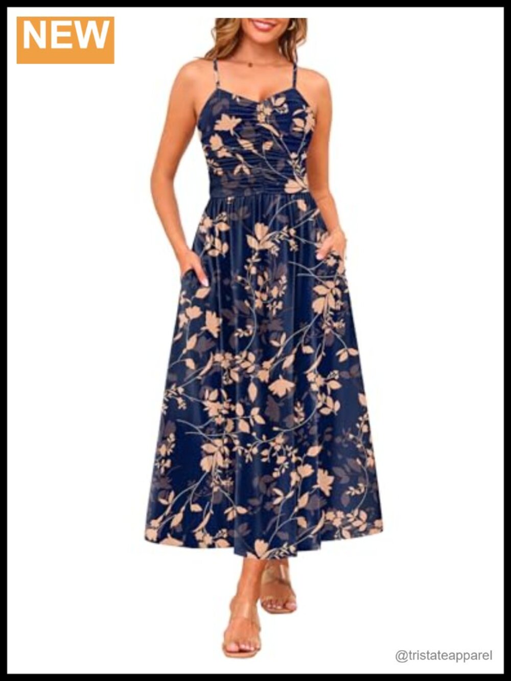 Women's Adjustable Spaghetti Strap Ruched Maxi Sun Dress with Pockets